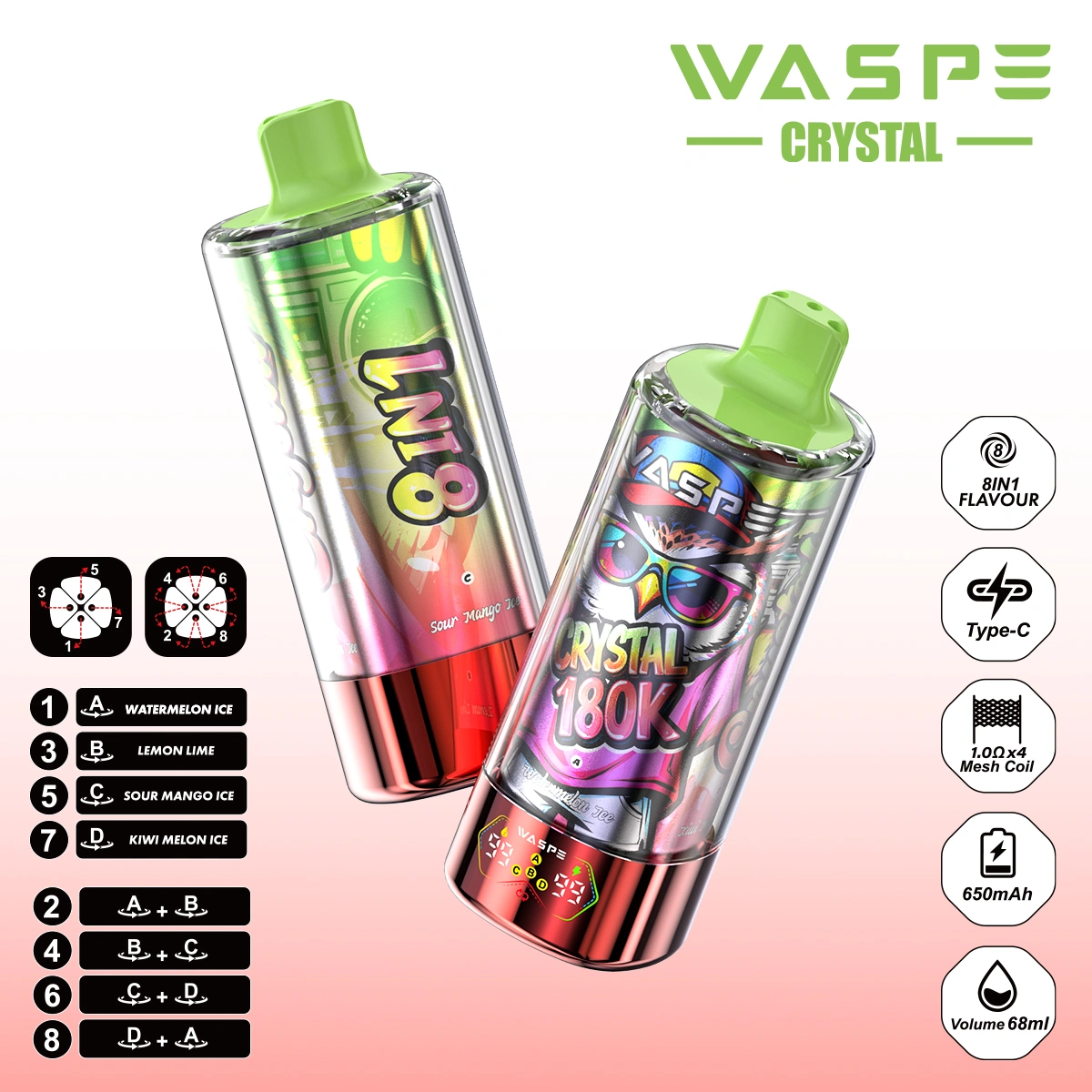 WASPE Crystal 180K | 8-in-1 option switch, 180000 puffs, LED display, bulk disposable vape