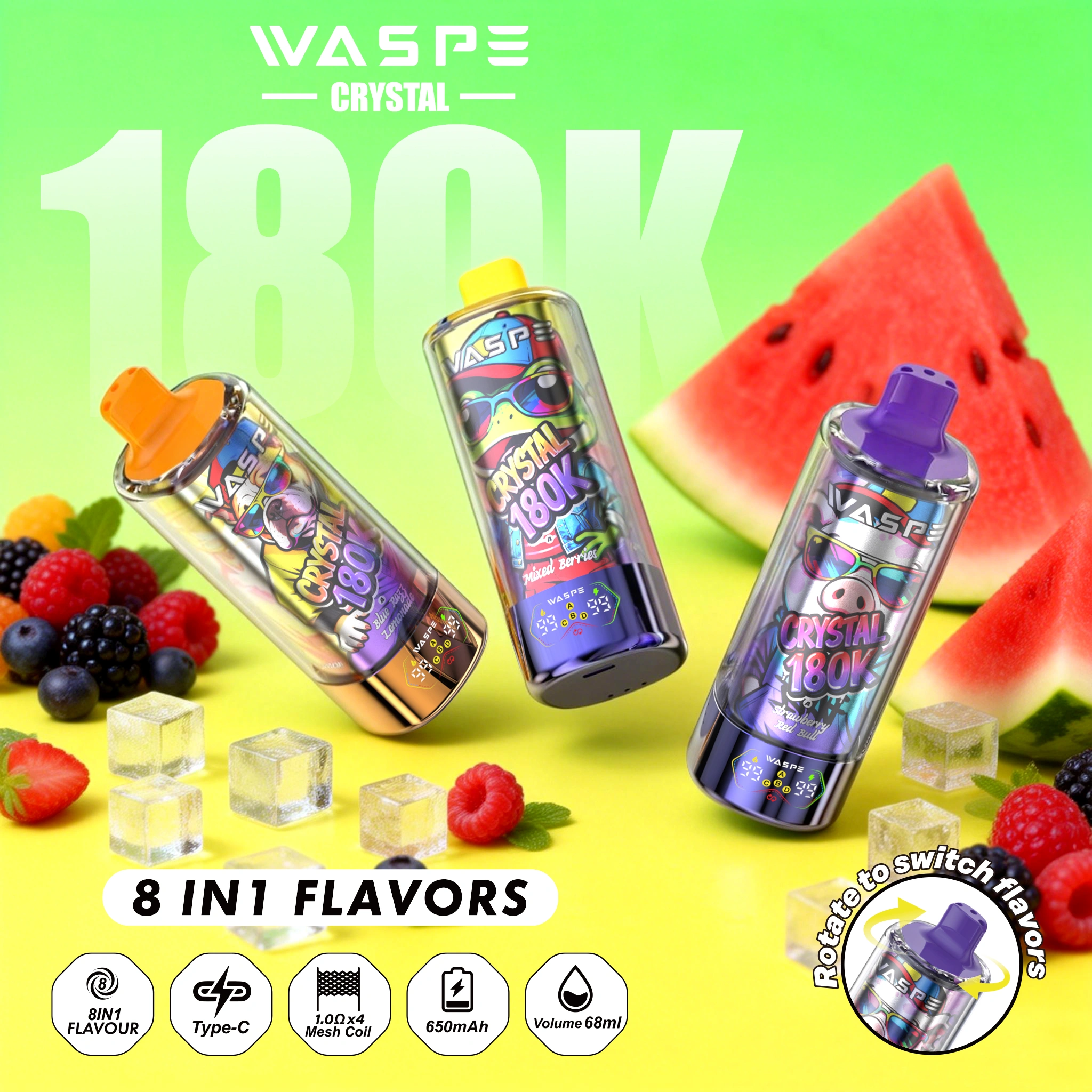 WASPE Crystal 180K | 8-in-1 option switch, 180000 puffs, LED display, bulk disposable vape - Image 2