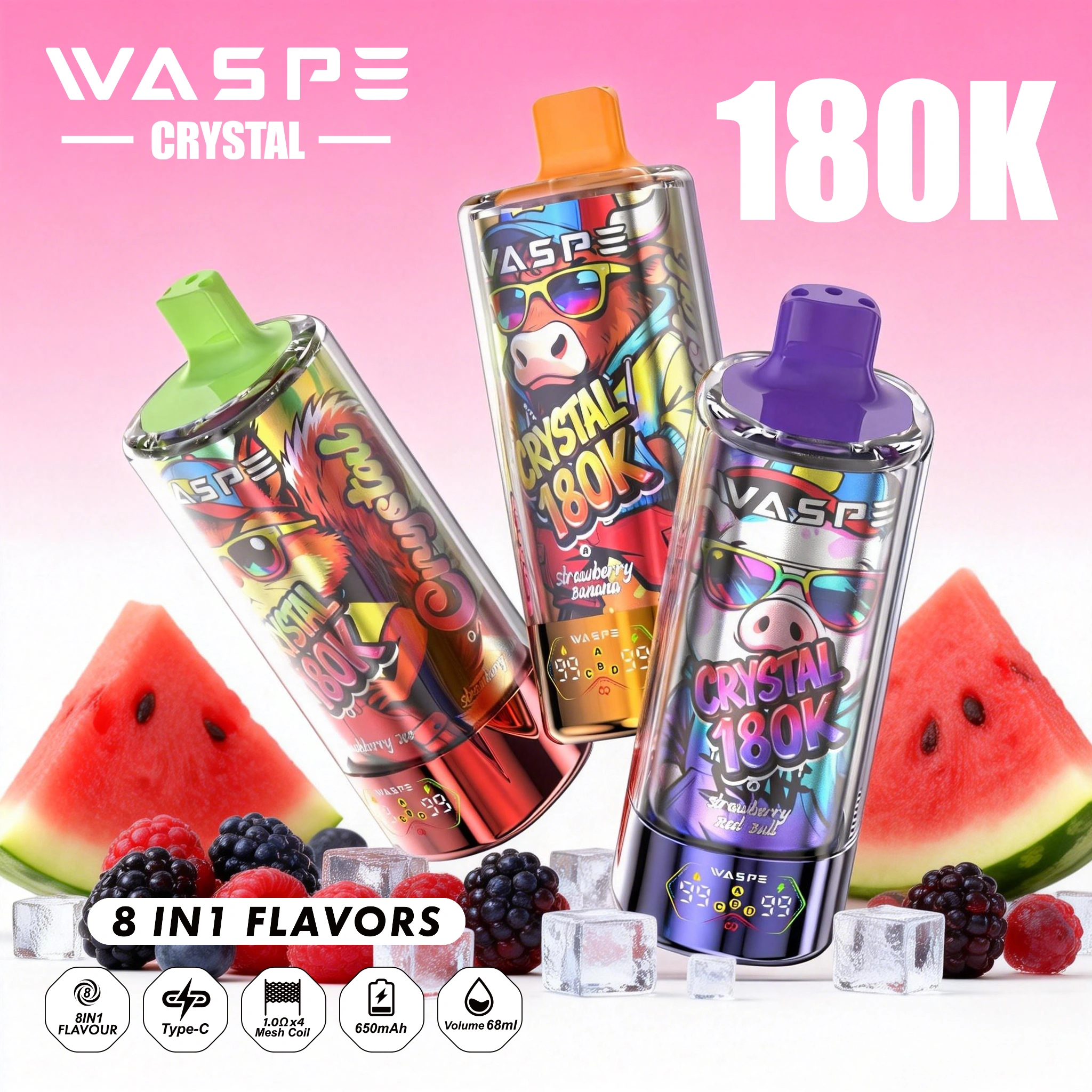 WASPE Crystal 180K | 8-in-1 option switch, 180000 puffs, LED display, bulk disposable vape - Image 3