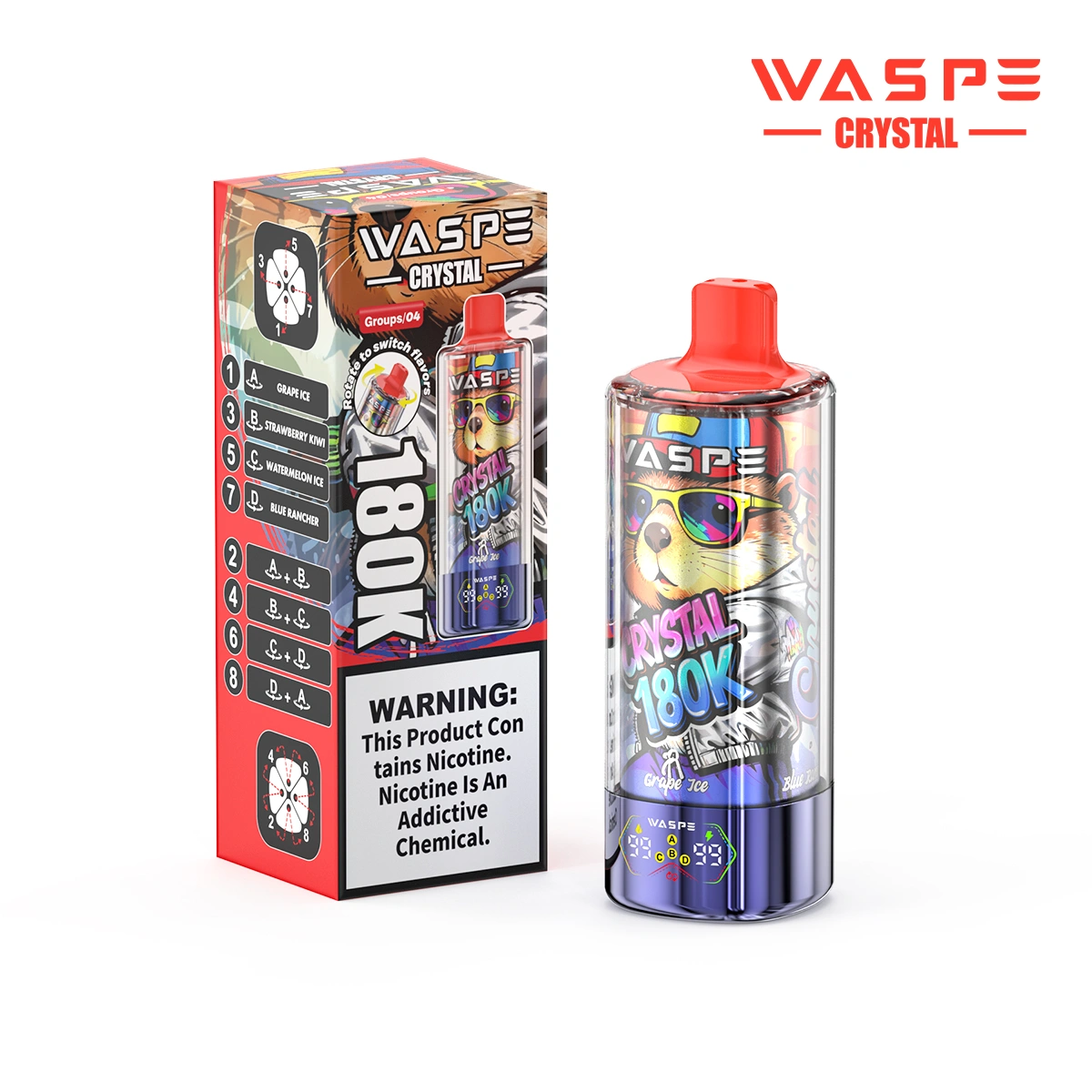 WASPE Crystal 180K | 8-in-1 option switch, 180000 puffs, LED display, bulk disposable vape - Image 14